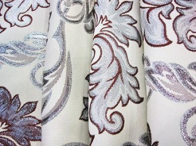 Портьерная ткань с люрексом бежевая растительный рисунок серебро с бордовым